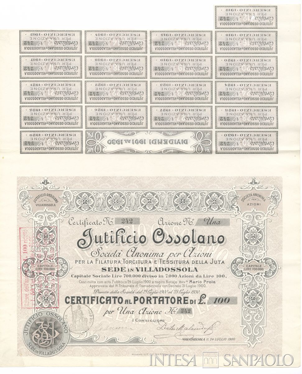 Jutificio Ossolano SA, certificato azionario al portatore - recto