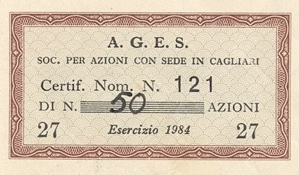 AGES azienda generale di elettricità per la Sardegna SpA, certificato azionario nominativo - dettaglio