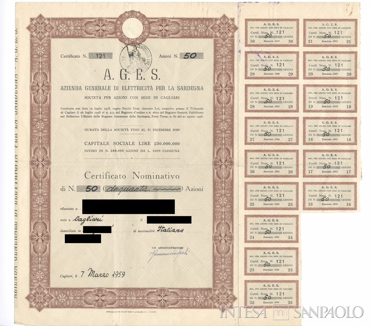 AGES azienda generale di elettricità per la Sardegna SpA, certificato azionario nominativo - recto