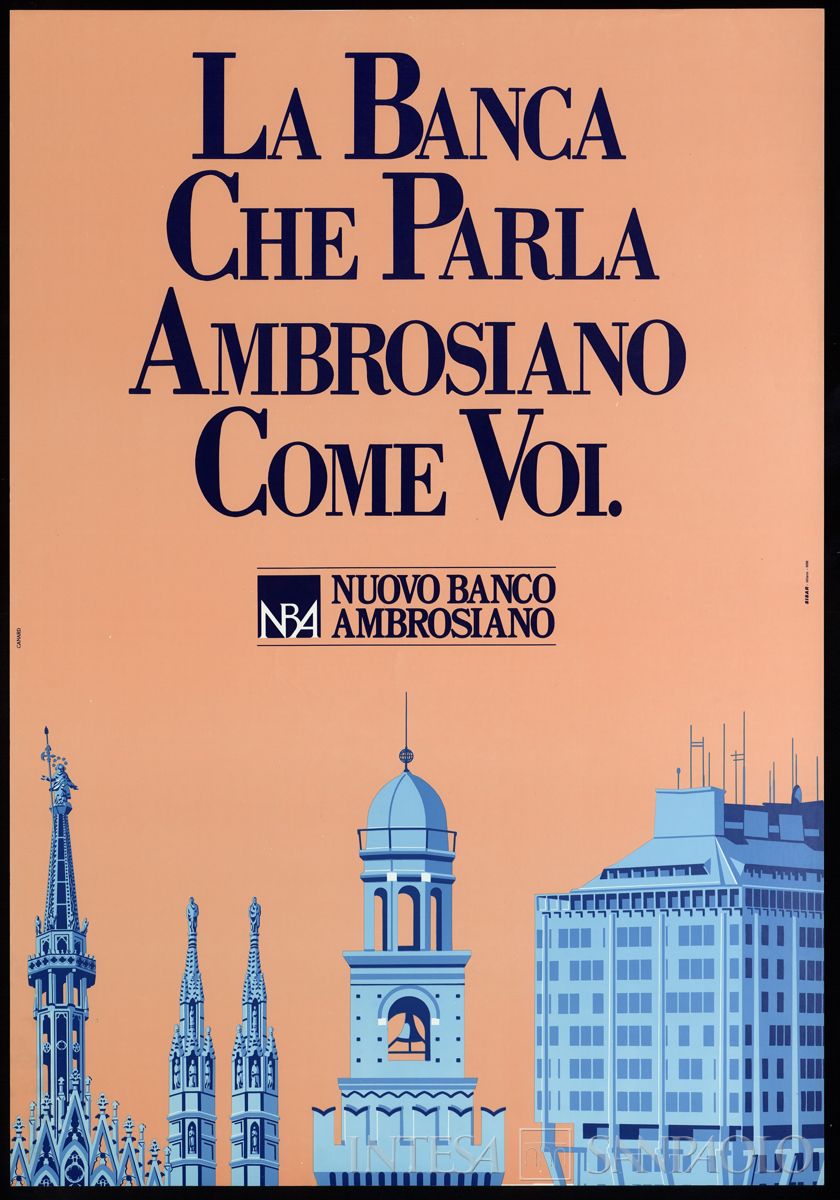 NBA, Manifesto pubblicitario dell'immagine aziendale, con immagini dei principali monumenti milanesi, 1986