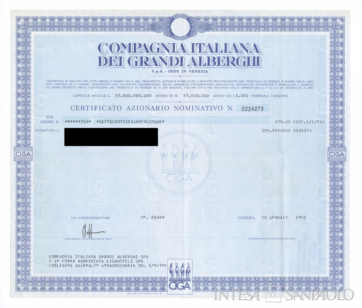 Compagnia Italiana dei Grandi Alberghi CIGA SpA, certificato azionario nominativo - recto