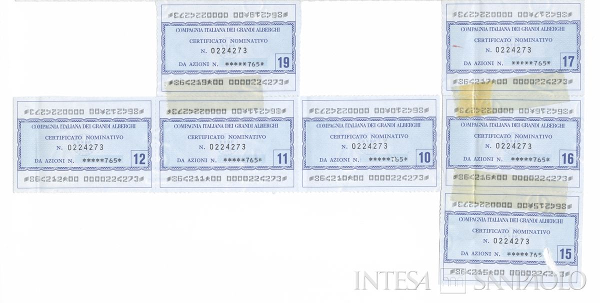 Compagnia Italiana dei Grandi Alberghi CIGA SpA, certificato azionario nominativo - recto