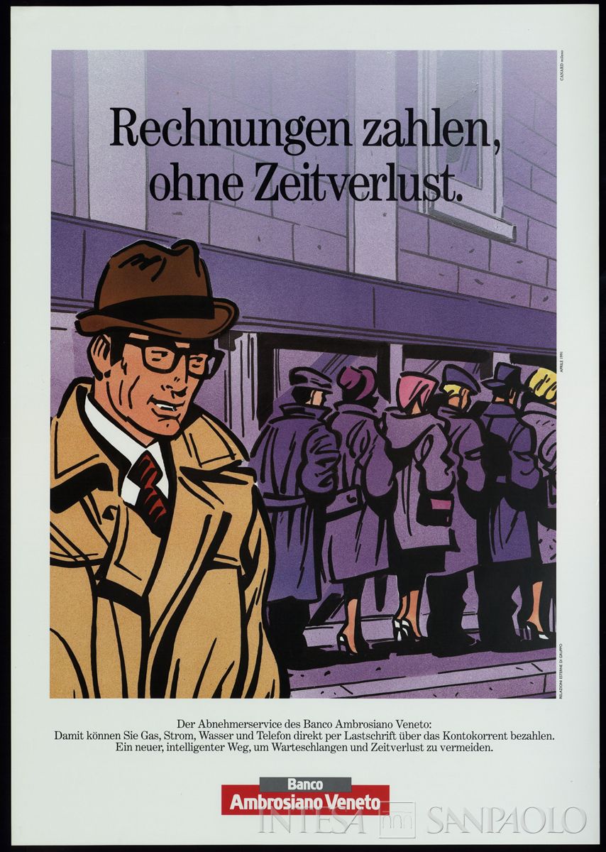 BAV - Pintér, manifesto pubblicitario del servizio di pagamento utenze, 1991. Versione in tedesco.