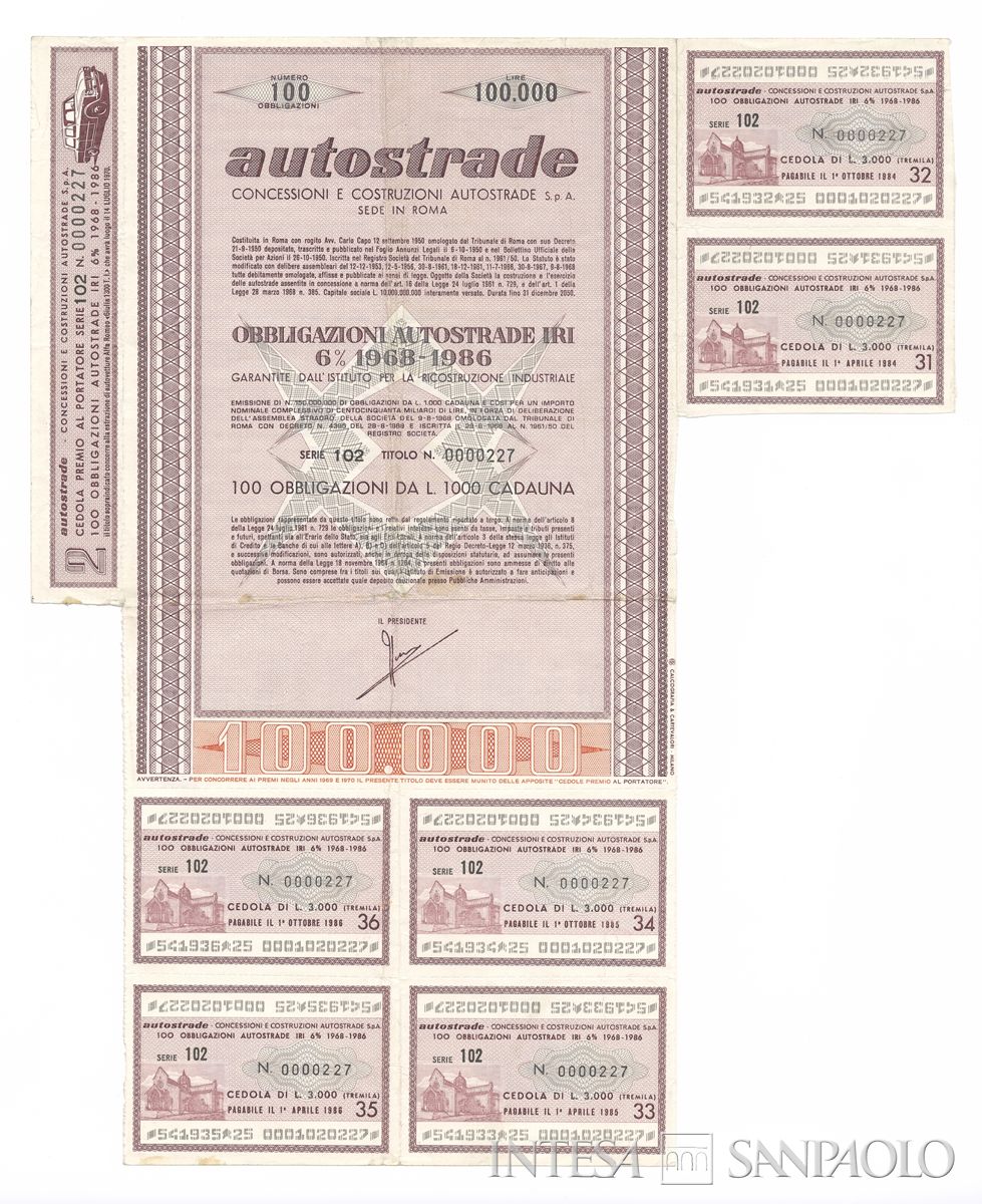 Autostrade Concessioni e costruzioni autostrade SpA, certificati obbligazionari Autostrade IRI al 6% - recto a