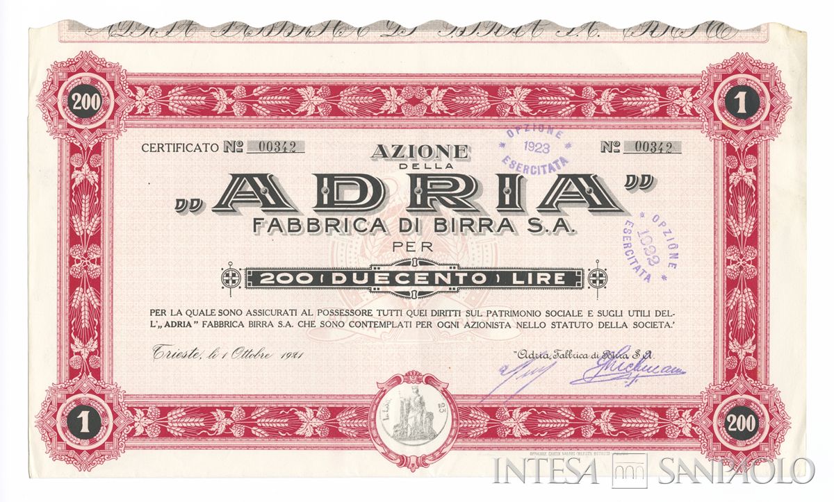 Adria Fabbrica di birra SA, certificato azionario - 1a recto