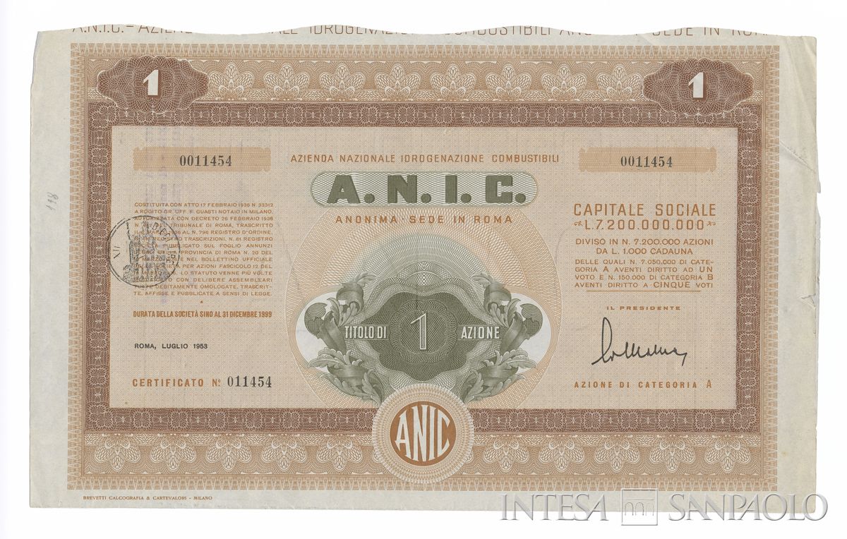 ANIC Azienda nazionale idrogenazione combustibili SA, certificato azionario di categoria A al portatore - recto
