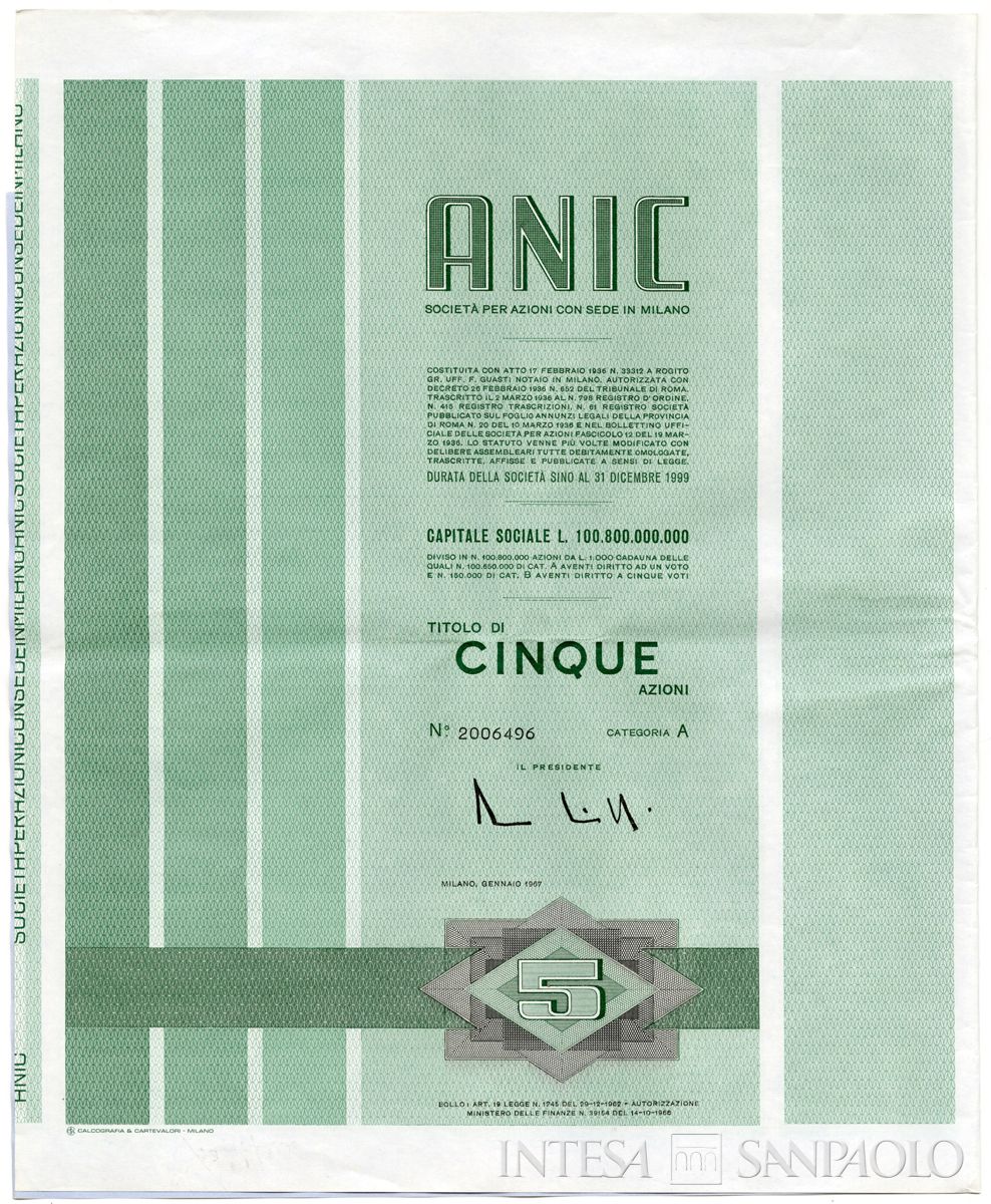 ANIC Azienda nazionale idrogenazione combustibili SpA, certificato azionario di categoria A al portatore - recto c