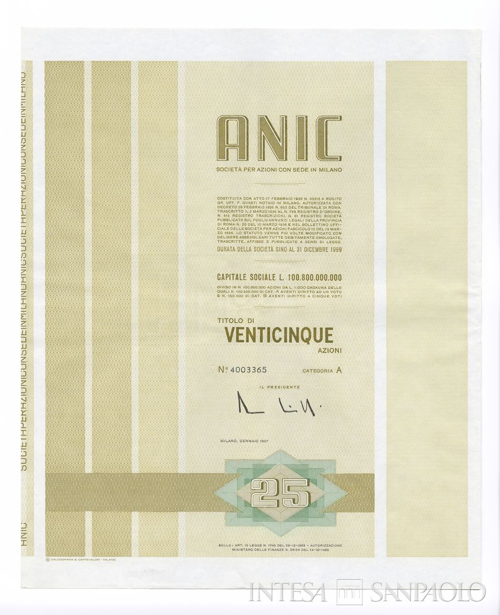 ANIC Azienda nazionale idrogenazione combustibili SpA, certificato azionario di categoria A al portatore - recto e