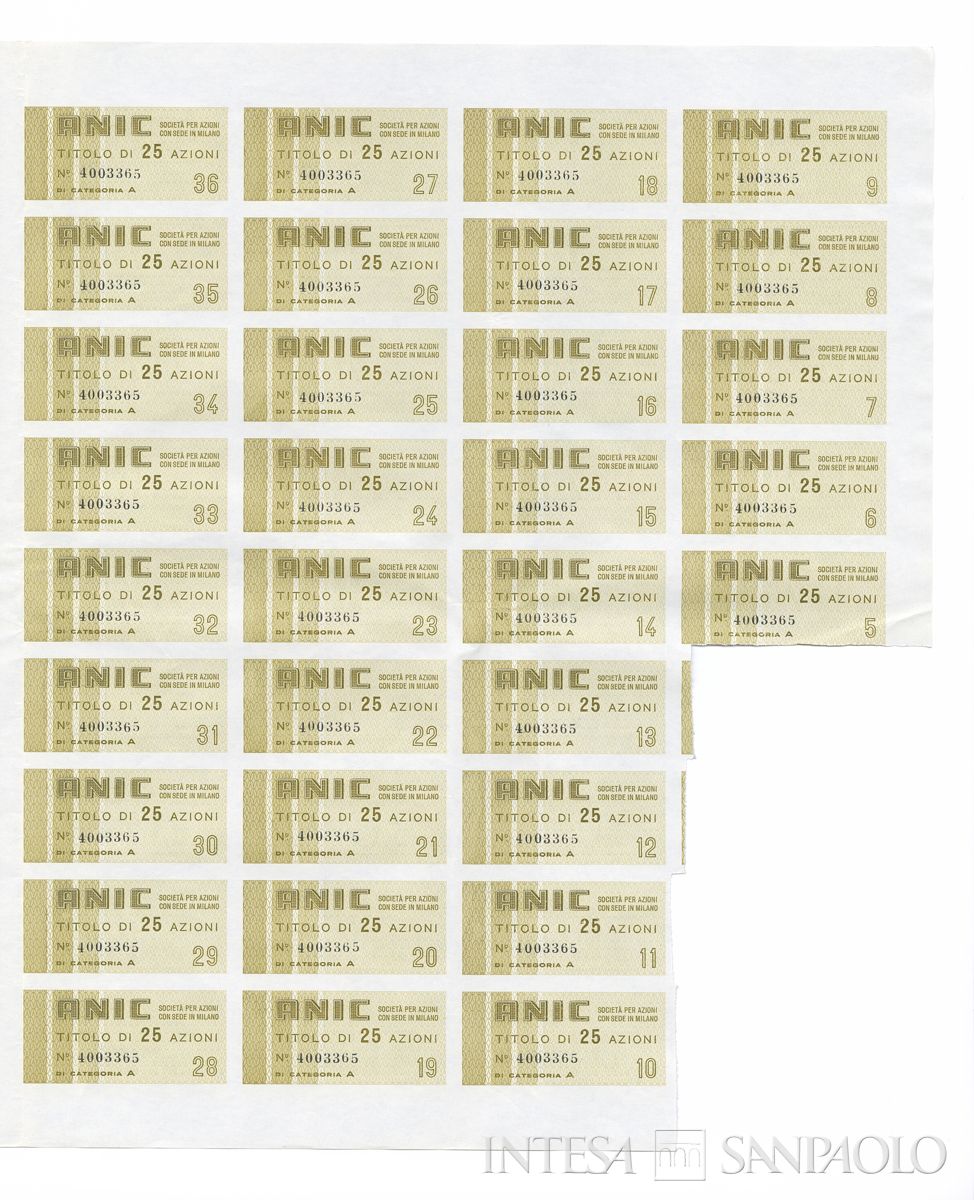 ANIC Azienda nazionale idrogenazione combustibili SpA, certificato azionario di categoria A al portatore - recto e