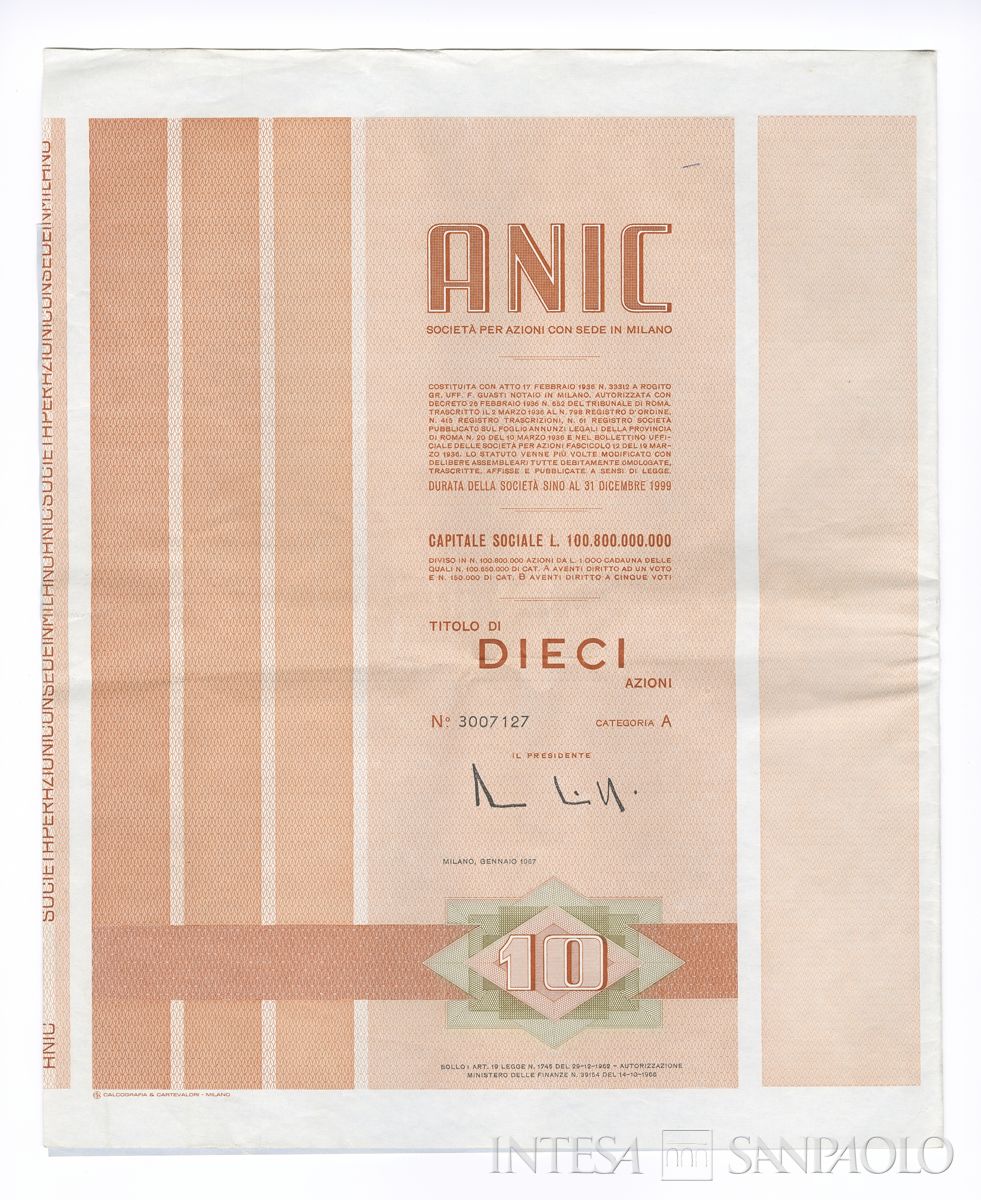 ANIC Azienda nazionale idrogenazione combustibili SpA, certificato azionario di categoria A al portatore - recto d