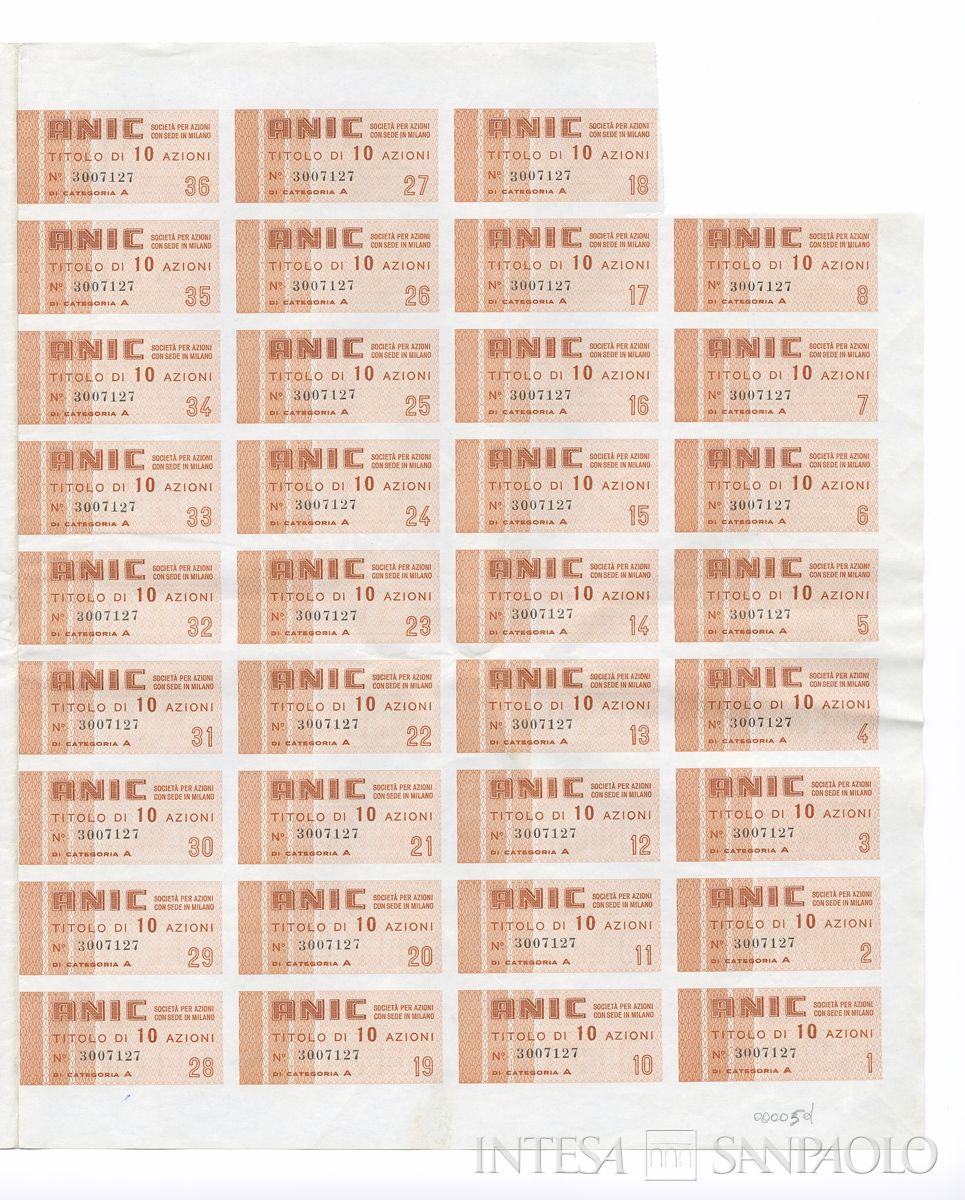 ANIC Azienda nazionale idrogenazione combustibili SpA, certificato azionario di categoria A al portatore - recto d