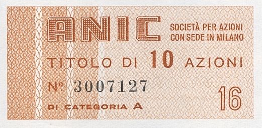 ANIC Azienda nazionale idrogenazione combustibili SpA, certificato azionario di categoria A al portatore - dettaglio d