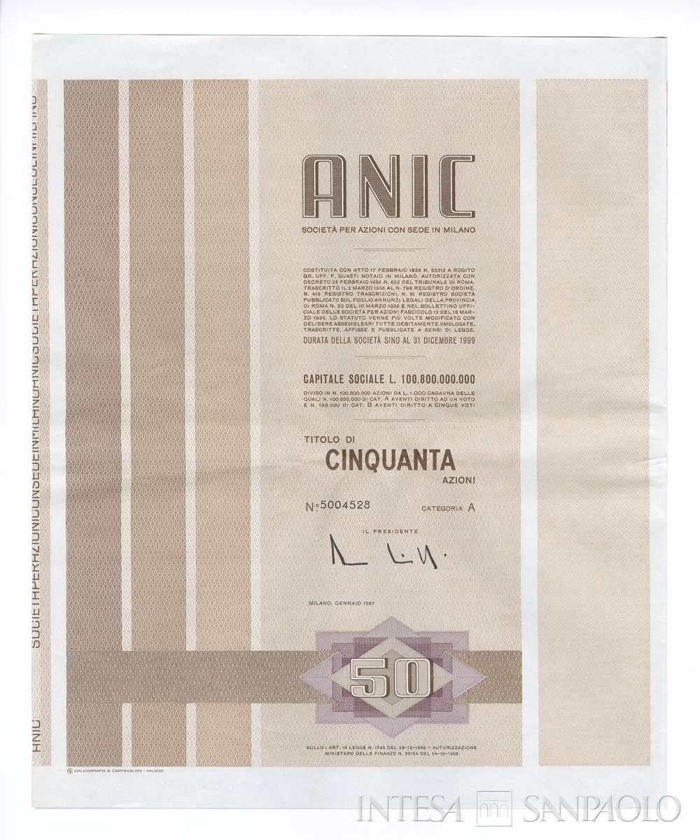 ANIC Azienda nazionale idrogenazione combustibili SpA, certificato azionario di categoria A al portatore - recto f