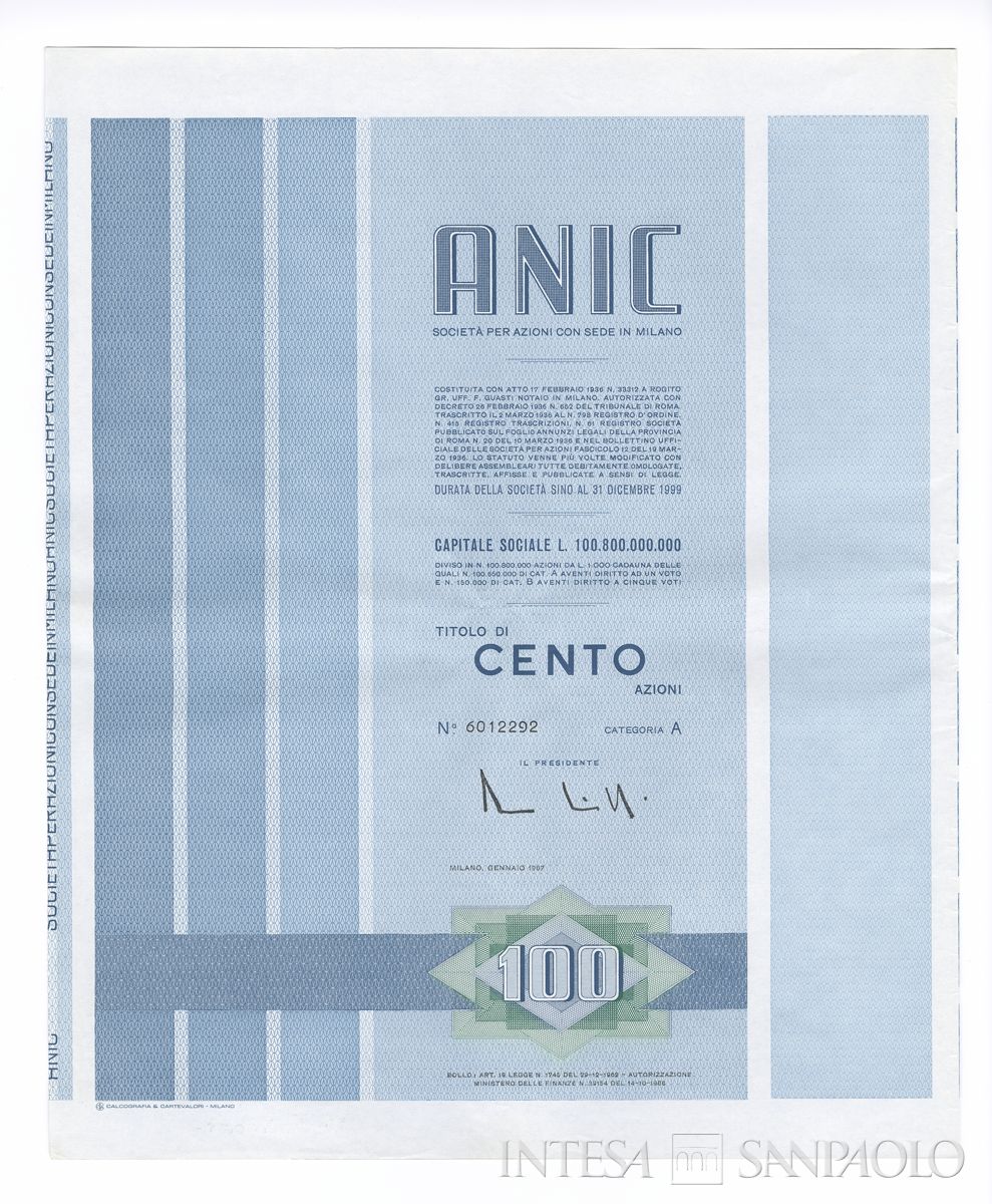 ANIC Azienda nazionale idrogenazione combustibili SpA, certificato azionario di categoria A al portatore - recto g