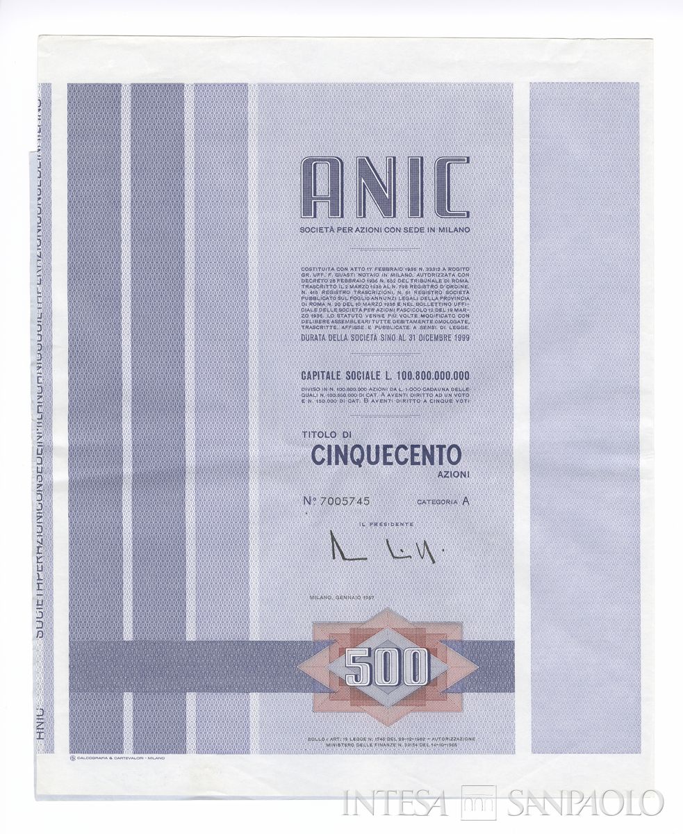 ANIC Azienda nazionale idrogenazione combustibili SpA, certificato azionario di categoria A al portatore - recto h