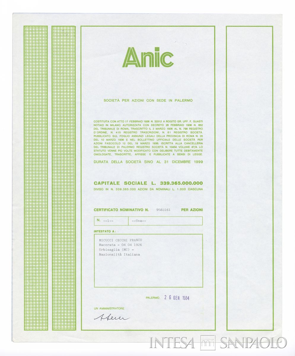 ANIC Azienda nazionale idrogenazione combustibili SpA, certificato azionario nominativo - recto