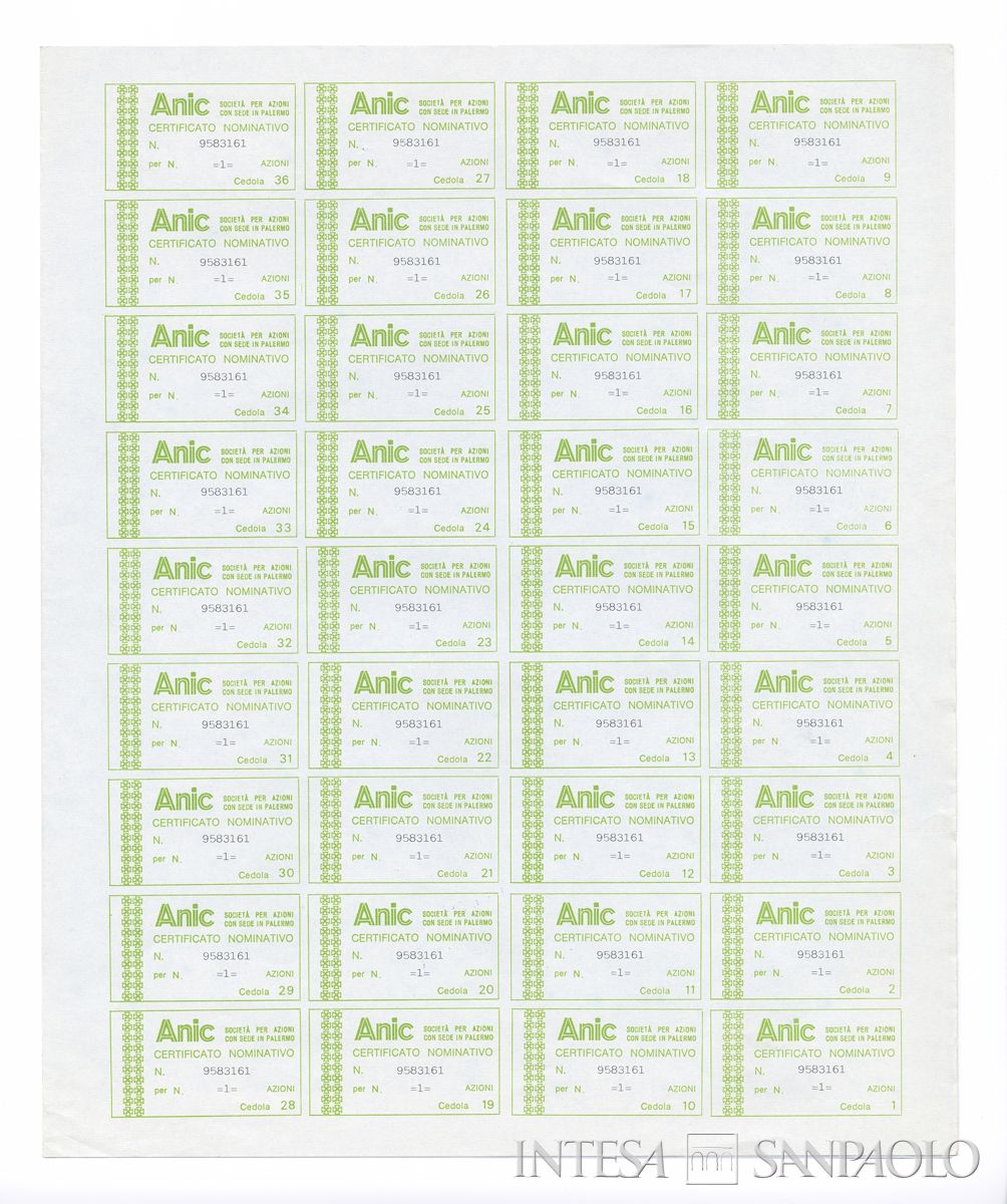 ANIC Azienda nazionale idrogenazione combustibili SpA, certificato azionario nominativo - recto