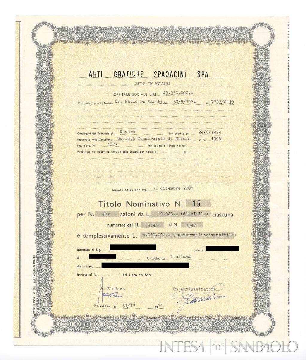 Arti grafiche Spadacini SpA, certificato azionario nominativo - recto