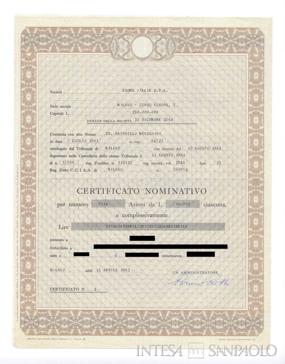 Asoma Italia SpA, certificato azionario nominativo - recto