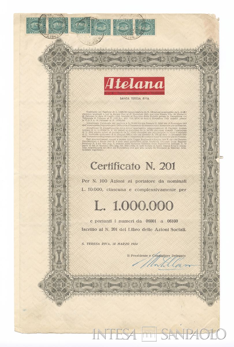 Atelana SpA, certificato azionario al portatore - recto