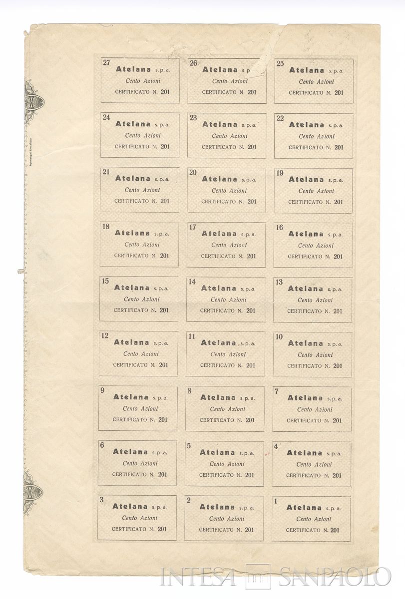 Atelana SpA, certificato azionario al portatore - recto