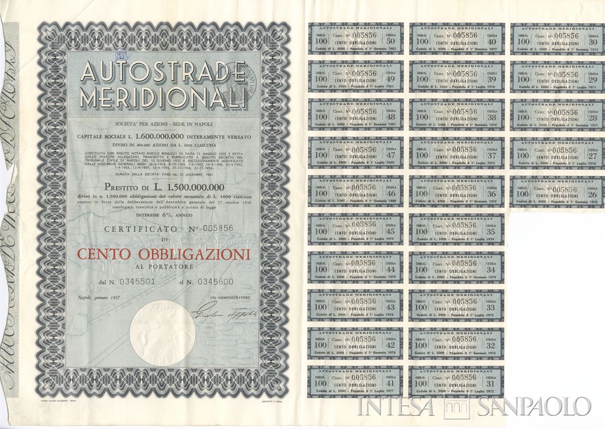 Autostrade Meridionali SpA, certificati obbligazionari al 6% al portatore - recto