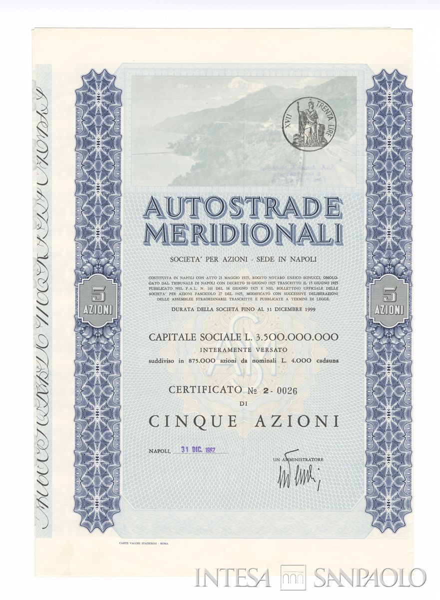 Autostrade Meridionali SpA, certificati azionari nominativi - a