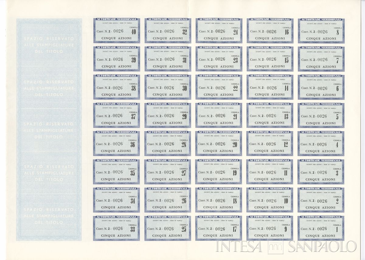 Autostrade Meridionali SpA, certificati azionari nominativi - a