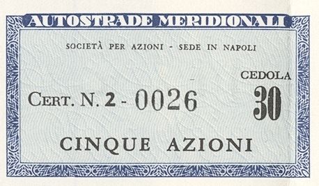 Autostrade Meridionali SpA, certificati azionari nominativi - dettaglio a