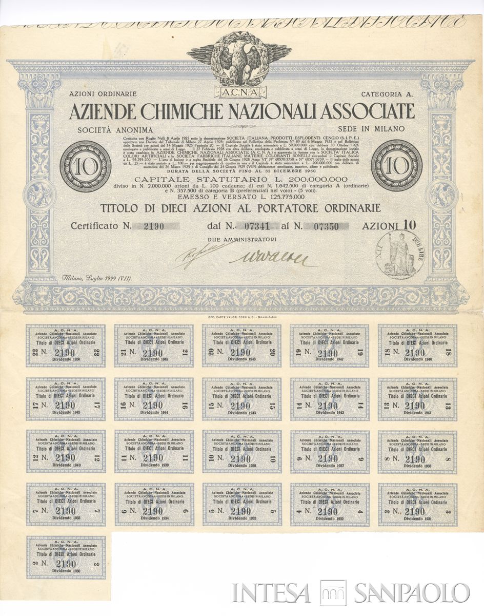 Aziende chimiche nazionali associate ACNA SA, certificati azionari ordinari al portatore - recto a