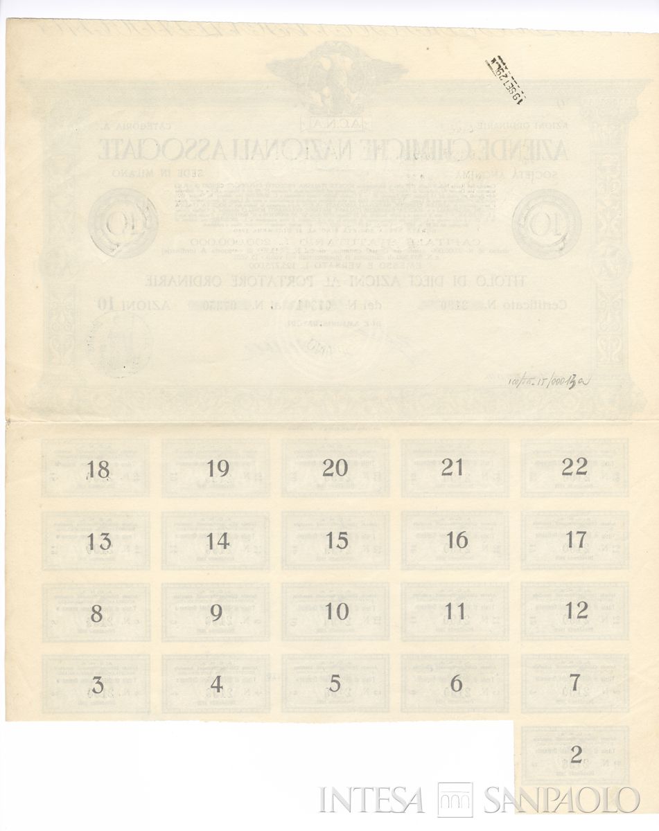 Aziende chimiche nazionali associate ACNA SA, certificati azionari ordinari al portatore - verso a