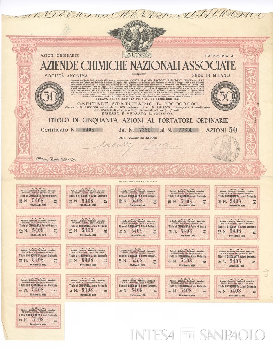 Aziende chimiche nazionali associate ACNA SA, certificati azionari ordinari al portatore - recto b