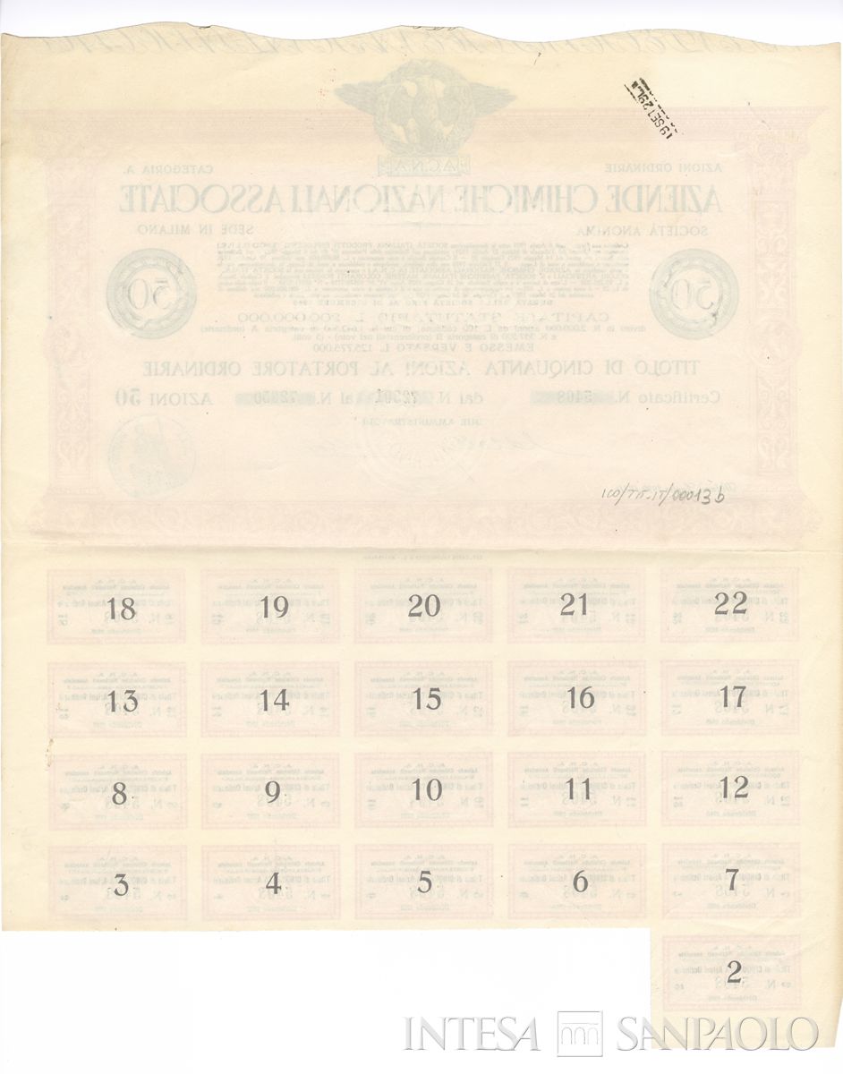 Aziende chimiche nazionali associate ACNA SA, certificati azionari ordinari al portatore - verso b