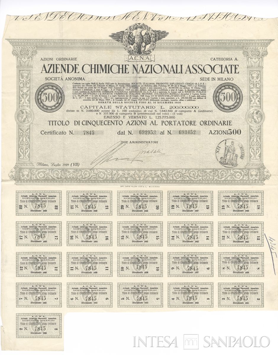 Aziende chimiche nazionali associate ACNA SA, certificati azionari ordinari al portatore - recto c