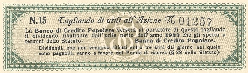 Banca di Credito Popolare, certificato azionario al portatore - dettaglio