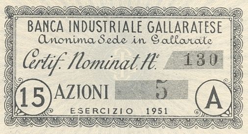 Banca Industriale Gallaratese SA, certificato azionario nominativo - dettaglio