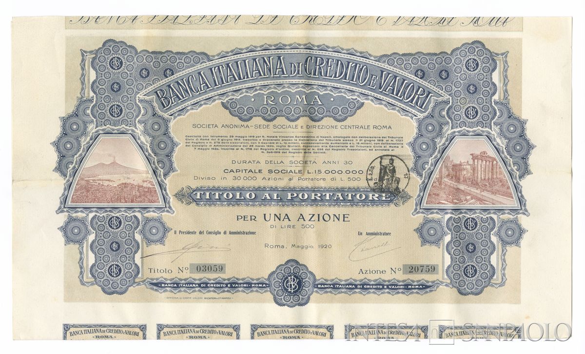 Banca Italiana di Credito e Valori SA, certificato azionario al portatore