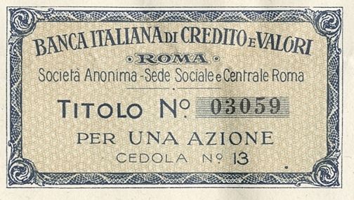 Banca Italiana di Credito e Valori SA, certificato azionario al portatore - dettaglio