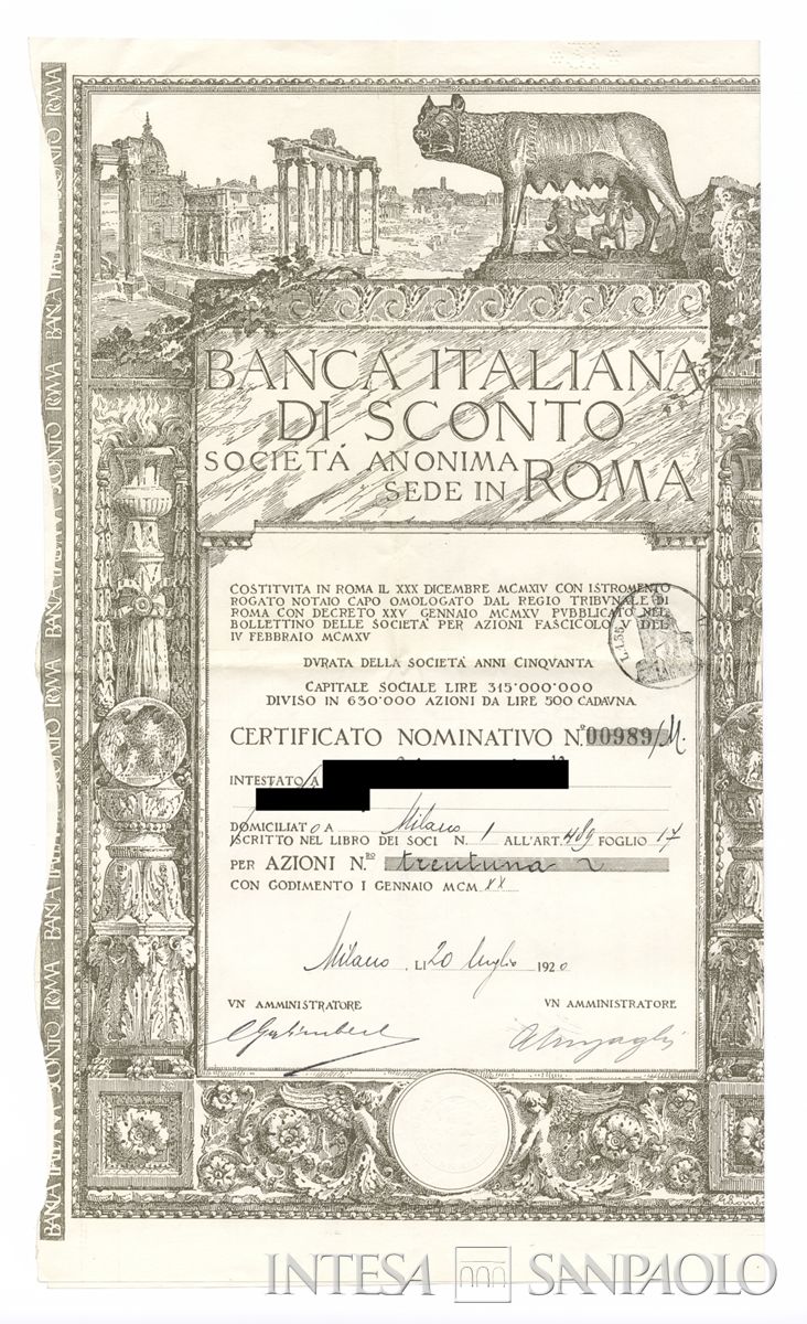Banca Italiana di Sconto SA, certificato azionario nominativo - recto a