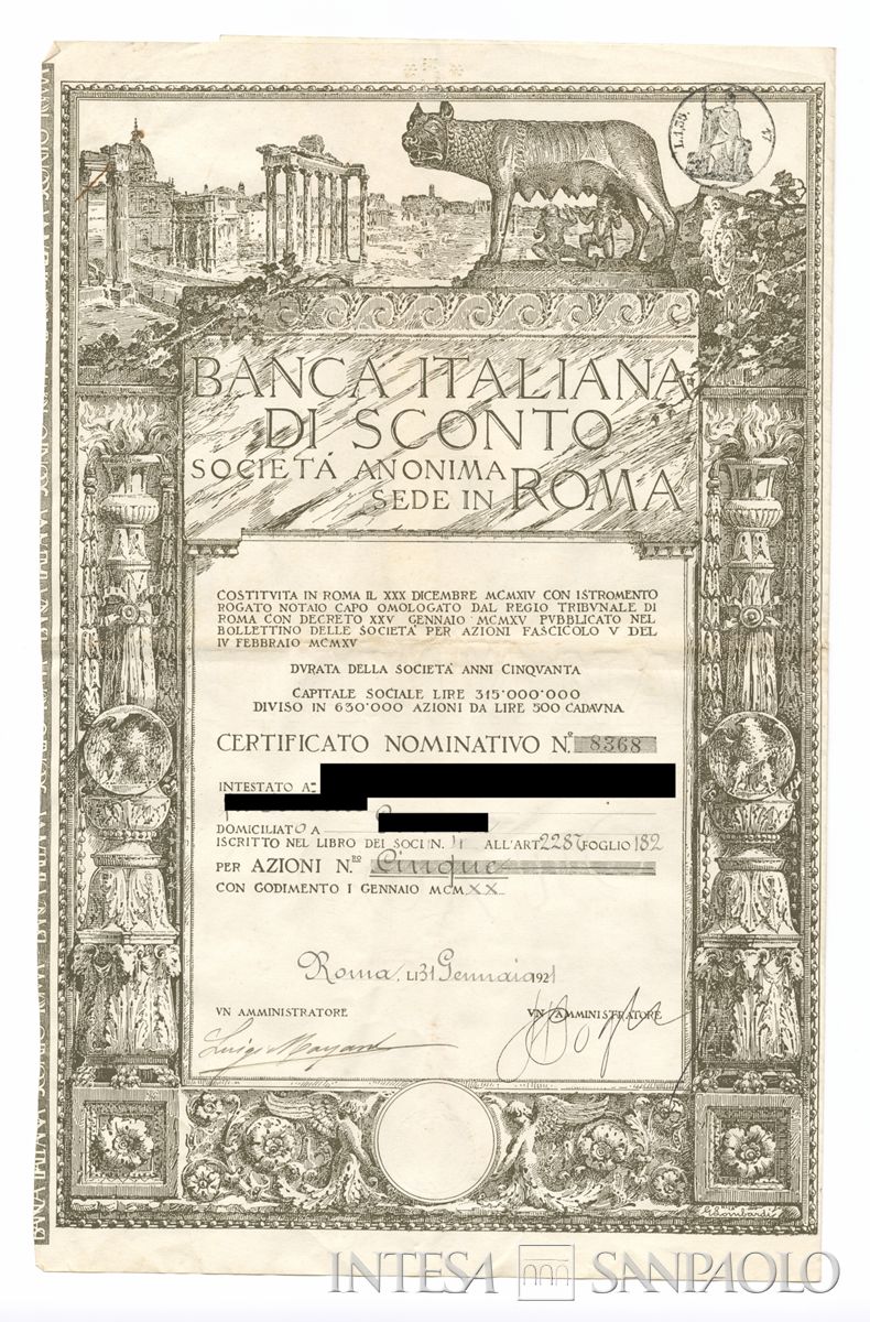 Banca Italiana di Sconto SA, certificato azionario nominativo - recto b