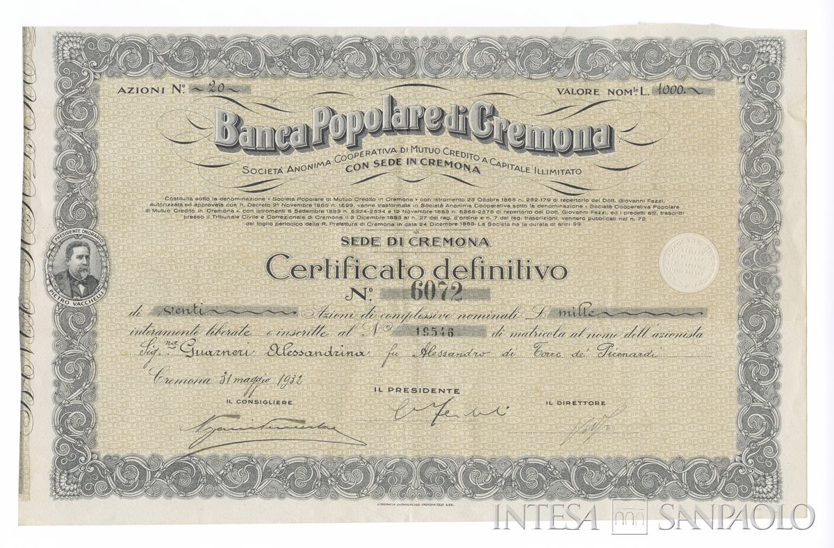 Banca Popolare di Cremona SA, certificato azionario nominativo - recto