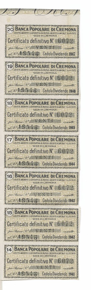 Banca Popolare di Cremona SA, certificato azionario nominativo