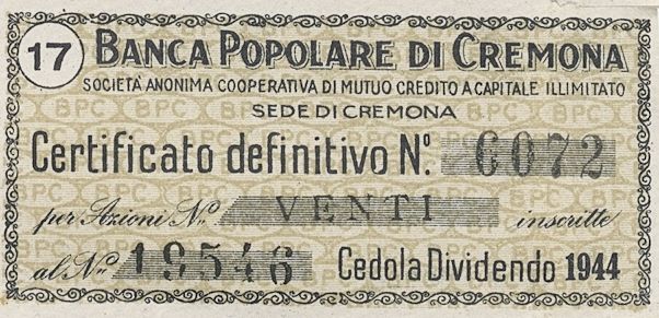 Banca Popolare di Cremona SA, certificato azionario nominativo - dettaglio