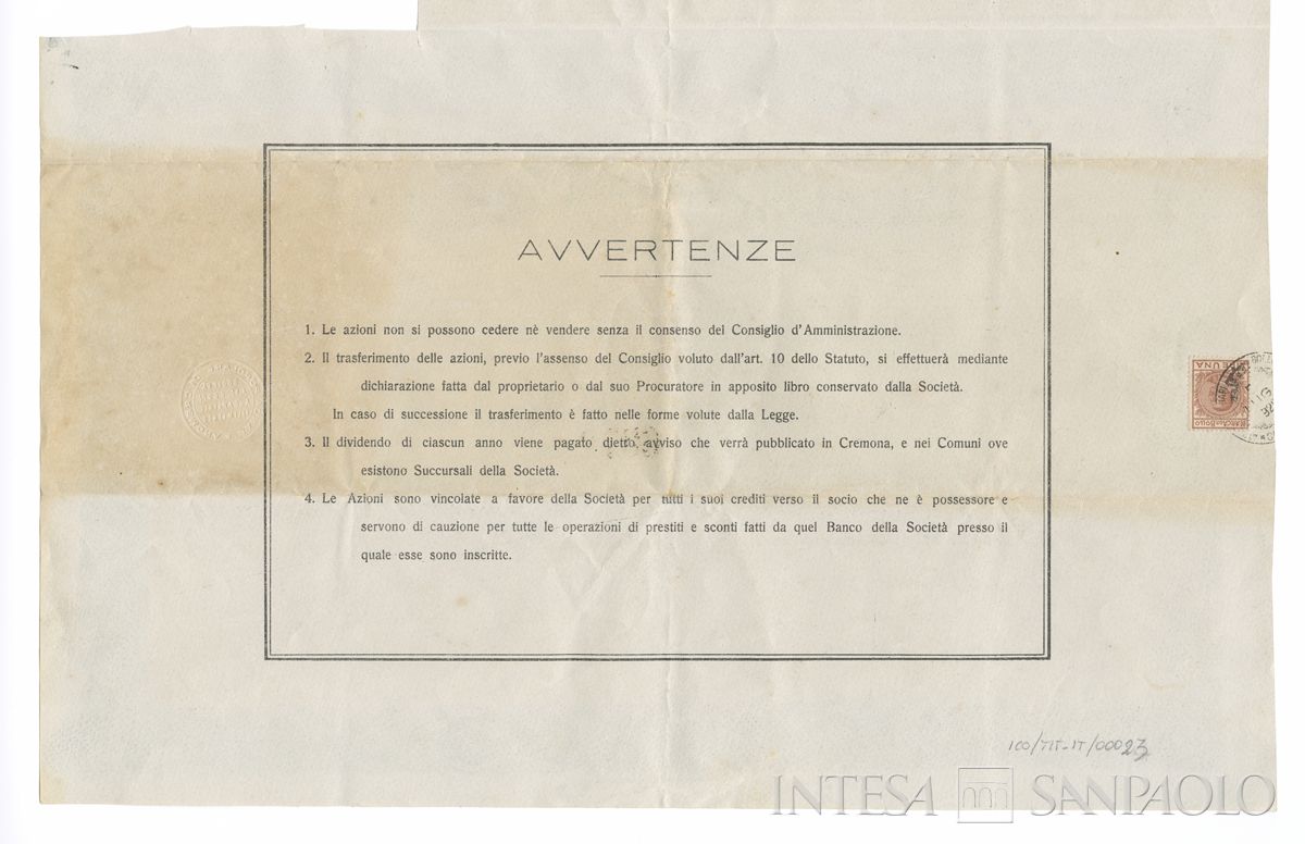 Banca Popolare di Cremona SA, certificato azionario nominativo - verso