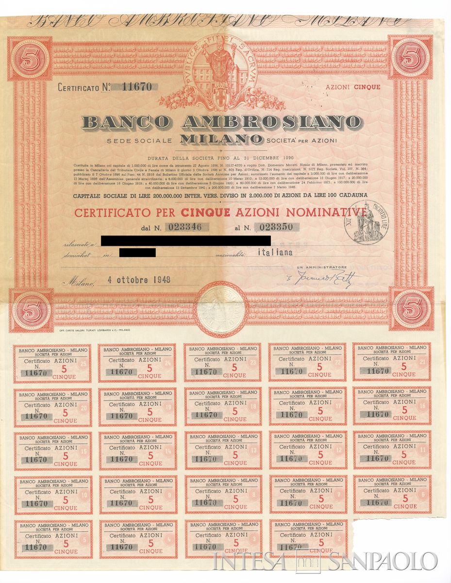 Banco Ambrosiano SpA, certificato azionario nominativo - recto a