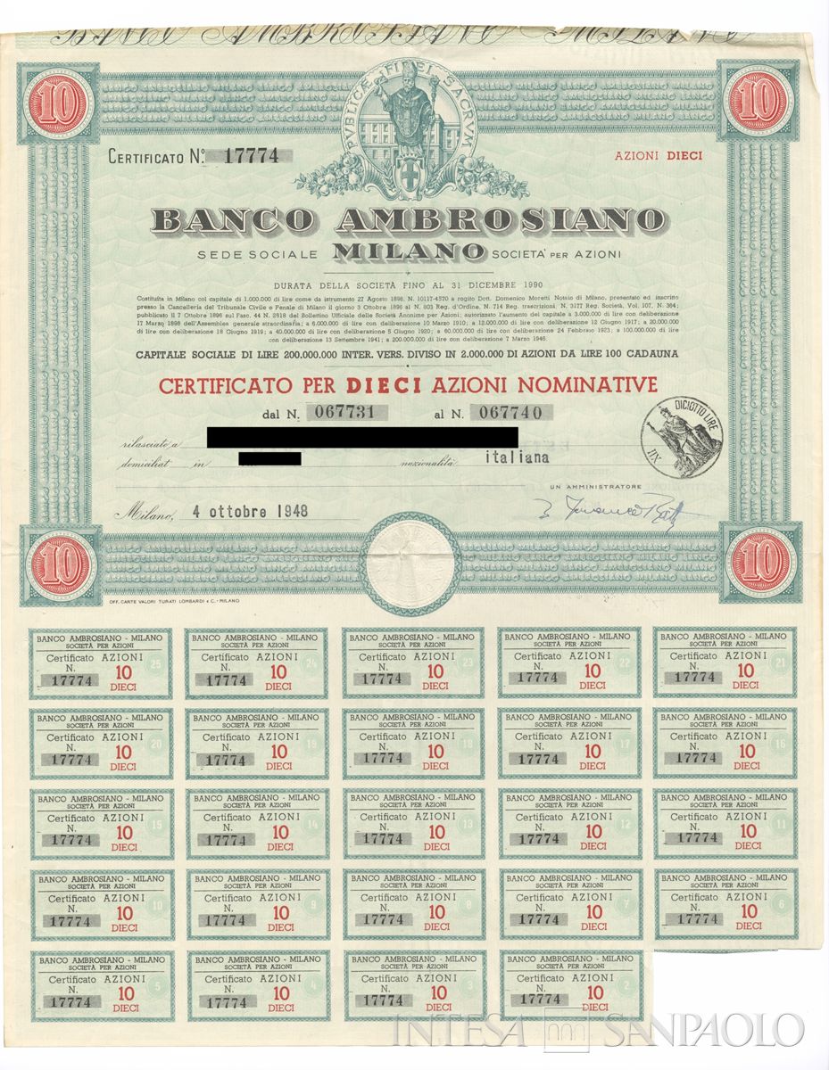 Banco Ambrosiano SpA, certificato azionario nominativo - recto b
