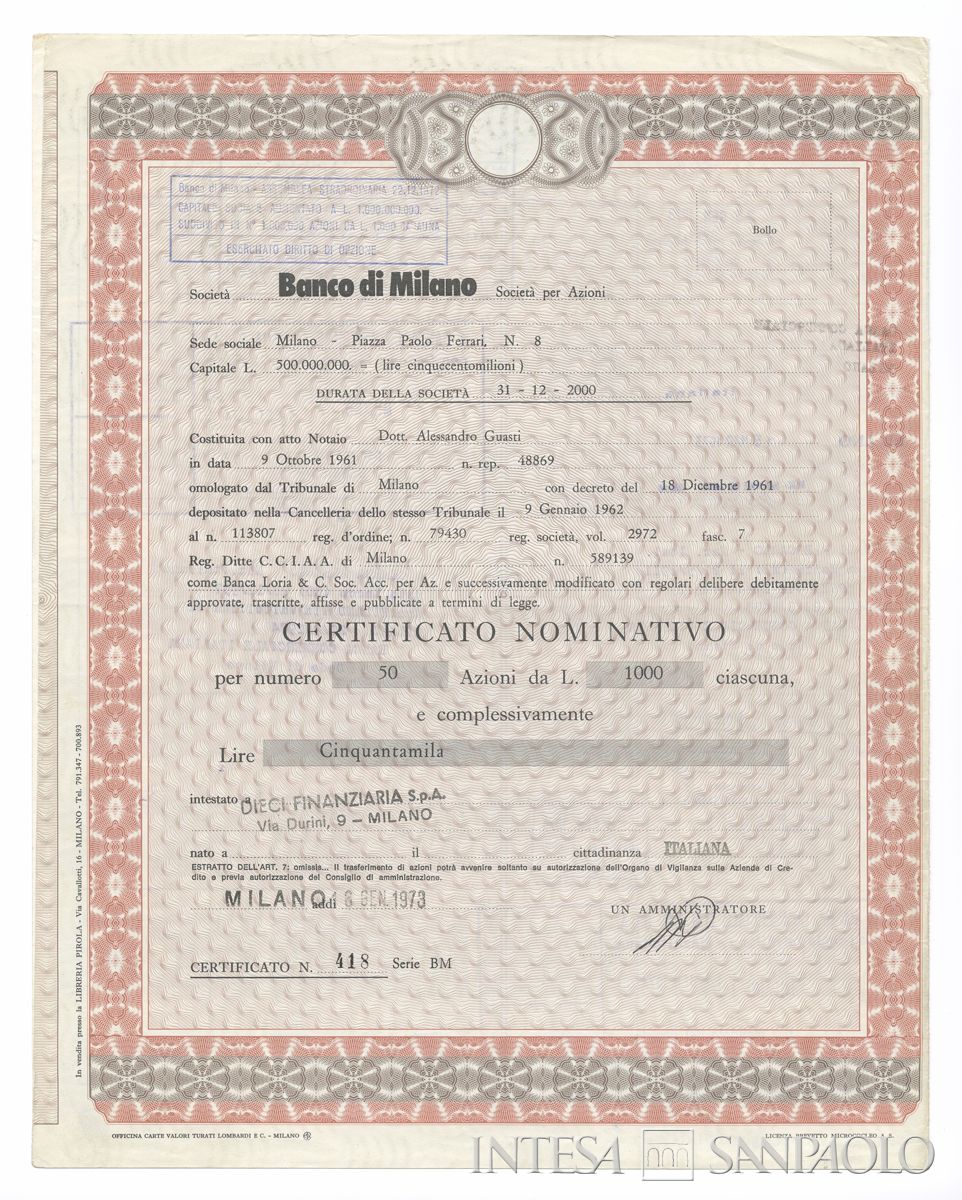 Banco di Milano SpA, certificati azionari nominativi - recto a