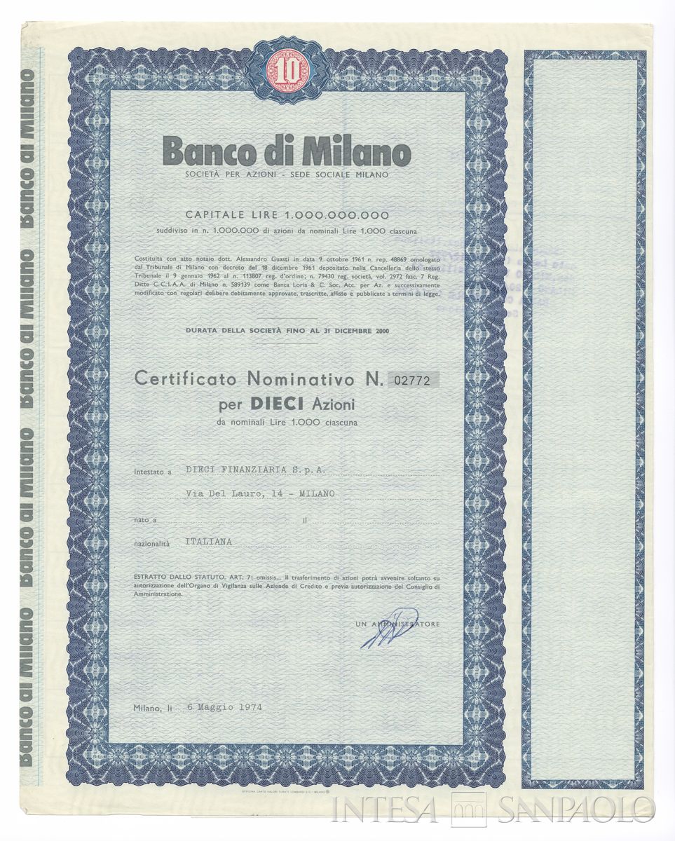 Banco di Milano SpA, certificati azionari nominativi - recto b