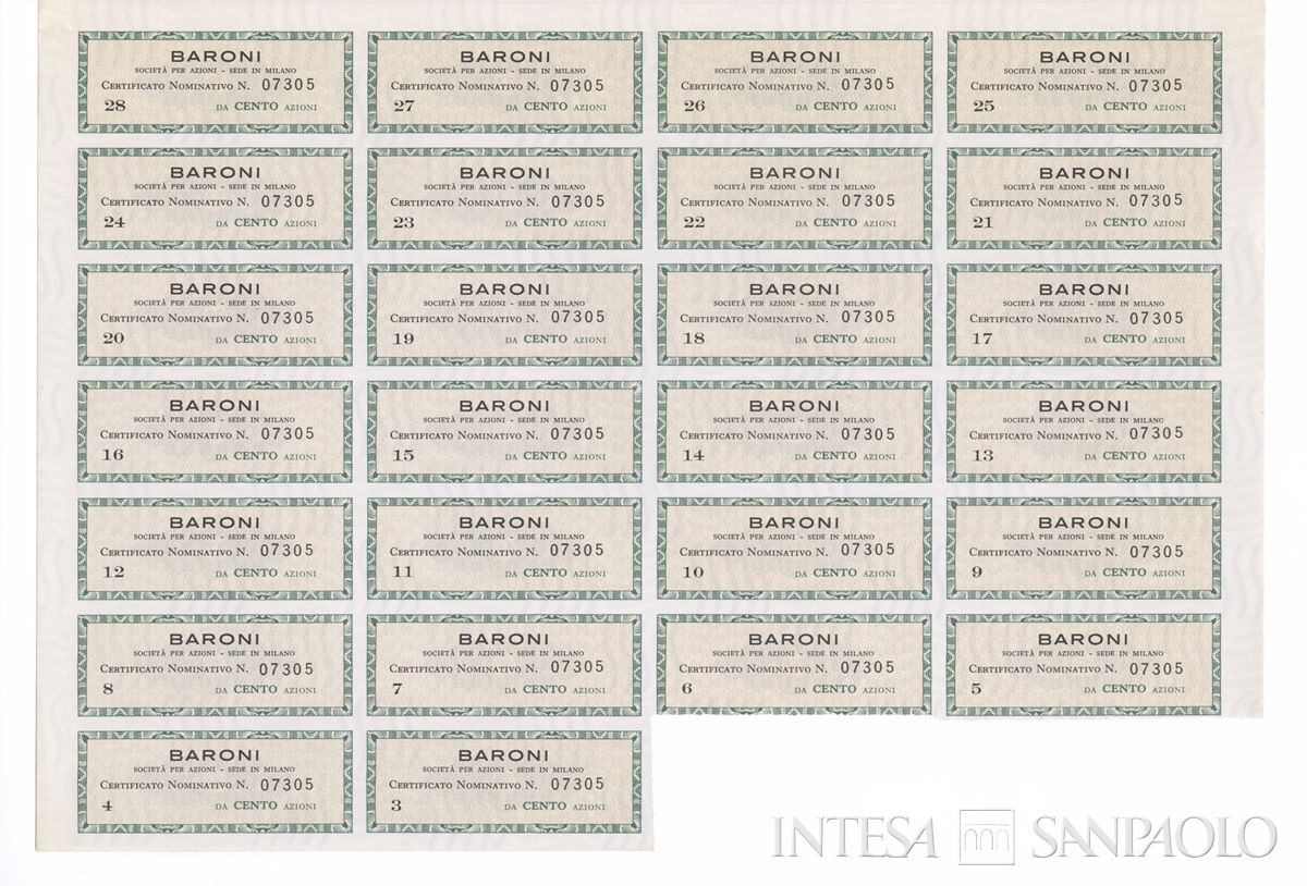 Baroni SpA, certificati azionari nominativi - recto a