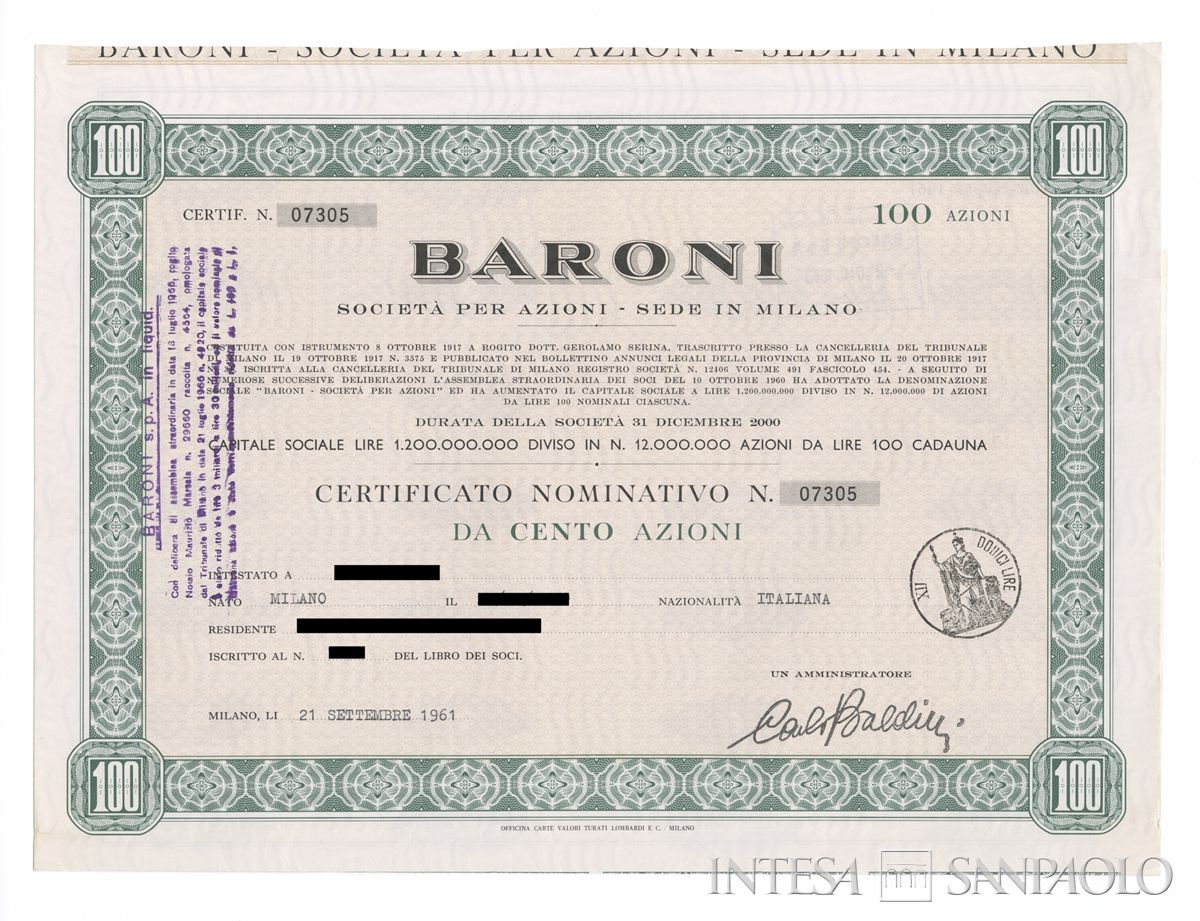 Baroni SpA, certificati azionari nominativi - recto a